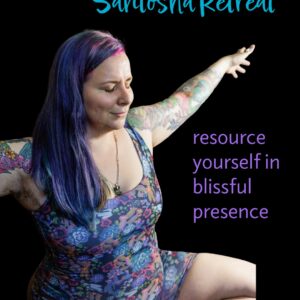 A person with colorful tattoos and long purple hair sits in a yoga pose, eyes closed and one arm raised. "reAwakening Retreat" appears on a black background along with the phrase "resource yourself in magick.