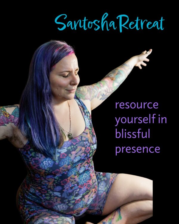 A person with colorful tattoos and long purple hair sits in a yoga pose, eyes closed and one arm raised. "reAwakening Retreat" appears on a black background along with the phrase "resource yourself in magick.