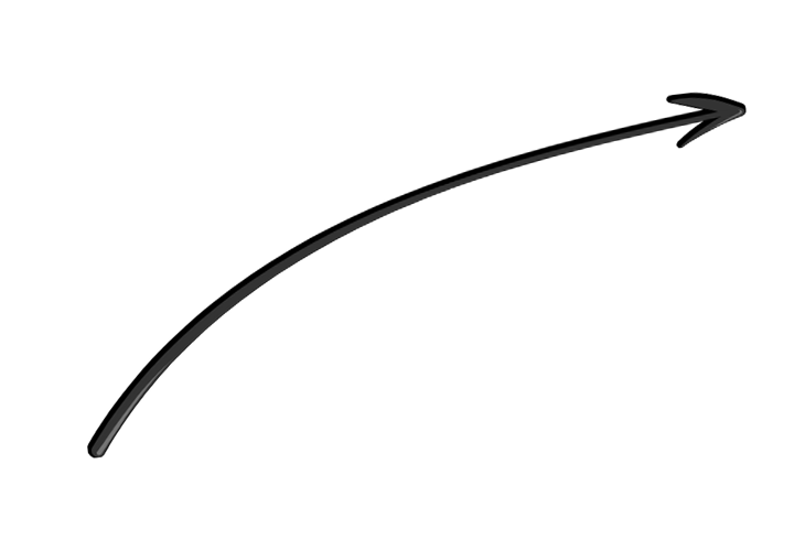 A black, curved arrow pointing diagonally upward to the right on a light gray background.