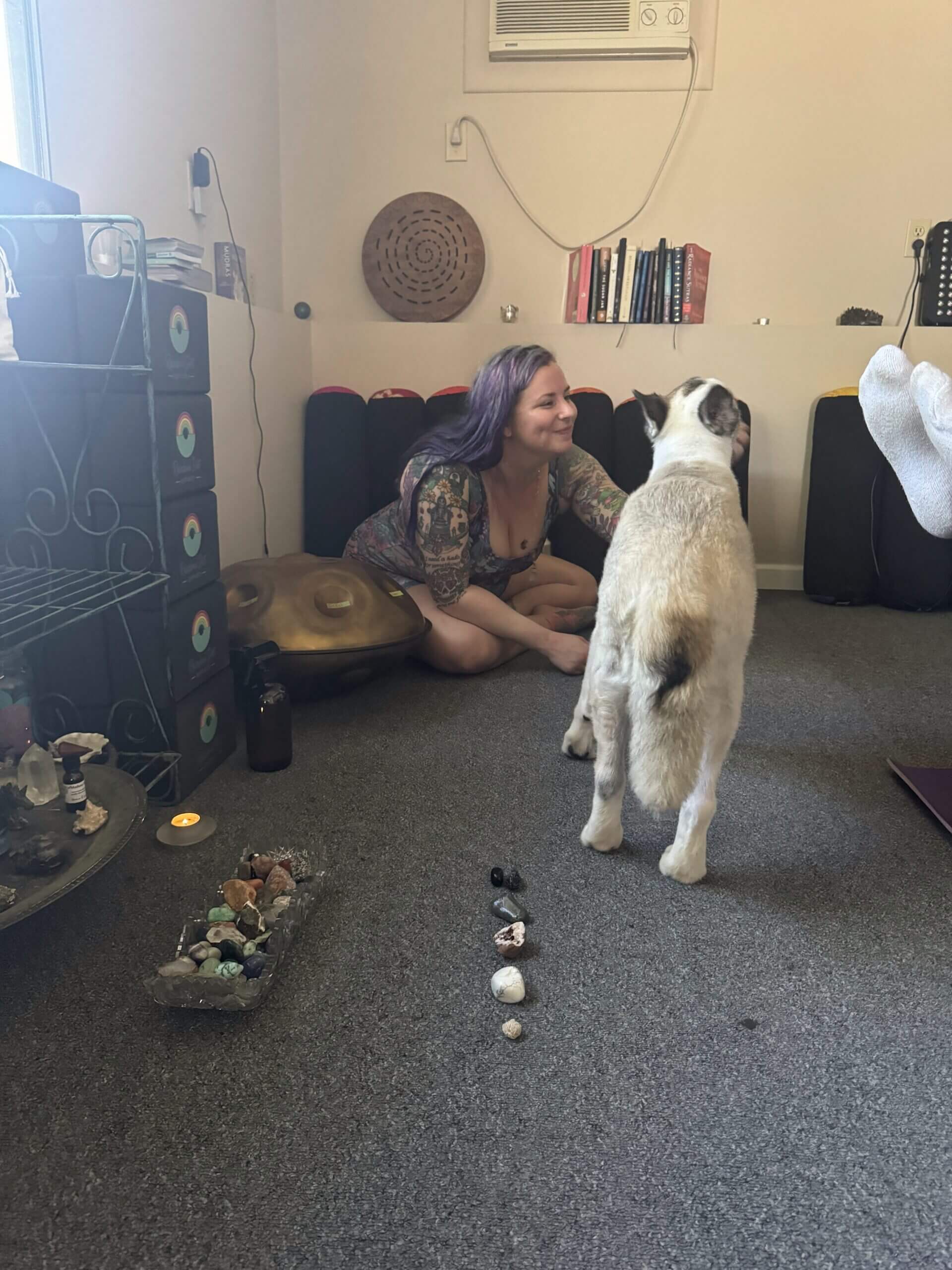 A person with purple hair smiles while kneeling on the carpet, facing a large white and brown dog. Crystals and stones are arranged in a line on the floor, and shelves with books and ornaments fill the cozy room.