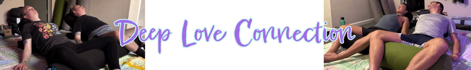 Two couples sit back-to-back on the floor, leaning against each other and smiling. In the center, text reads Deep Love Connection in purple and blue script.