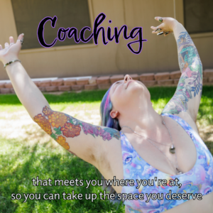 A person with colorful tattoos raises their arms joyfully outdoors. The text reads: Magick You Seek—coaching that meets you where you are, empowering you to claim the space you deserve.