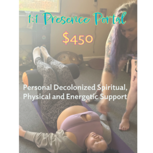 A person rests on a yoga mat with legs elevated on a bolster, supported by another. Text: 1:1 presence portal – $325. Personalized decolonized spiritual, physical, and energetic support.