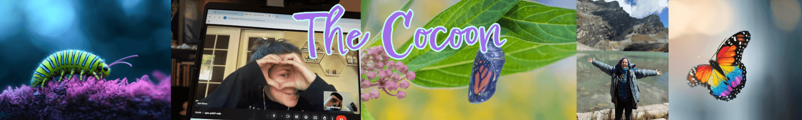 A collage: a green caterpillar on purple flowers, a person making a heart shape with hands on a video call, the text The Cocoon, a chrysalis on a leaf, a person with arms raised by a lake and mountains, and a colorful butterfly.
