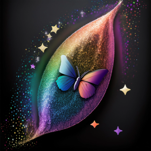 A colorful butterfly rests on a vibrant, rainbow-textured leaf surrounded by sparkling, glowing shapes against a dark background