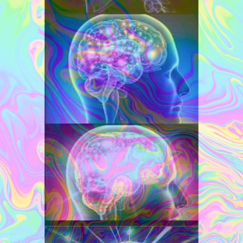 A vertical sequence of abstract, colorful illustrations depicting a human head and brain, shown in four progressive stages of increasing brightness and complexity, set against a psychedelic, swirl-patterned background.