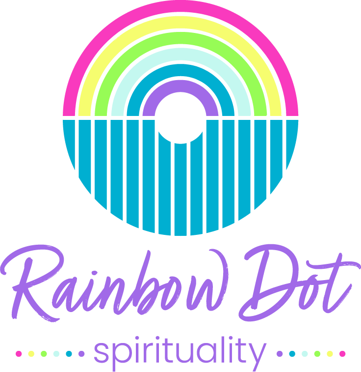 A circular logo features rainbow-colored arches above vertical teal stripes with a central circle. Below it, the text reads Rainbow Dot in purple cursive and spirituality in lowercase, with small, colorful dots on either side.