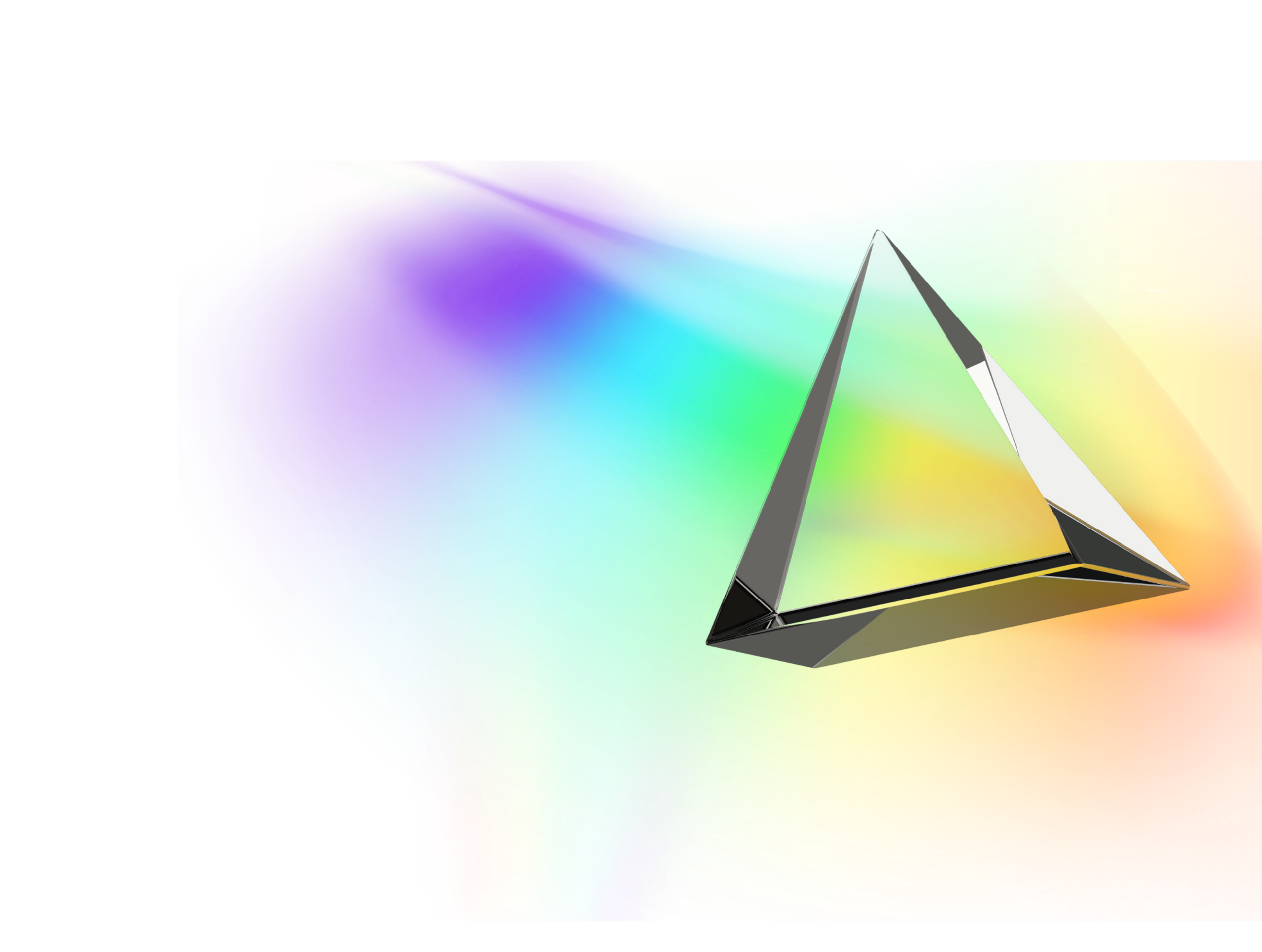 A glass prism floats against a white background, refracting light into a soft, colorful spectrum of rainbow hues that spread out behind it.